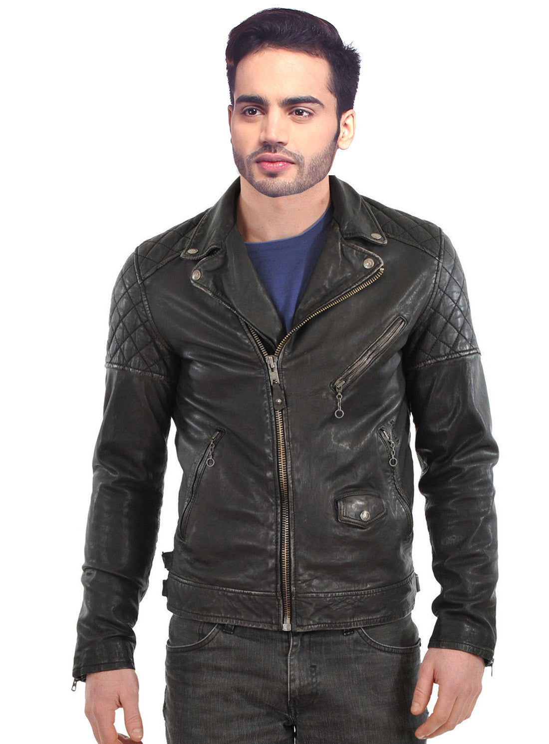 Men Washed Motorcycle Biker Leather Jacket with Diamond Padding at sleeves XS / LEATHER / Black, Men Jacket - CrabRocks, LeatherfashionOnline
 - 1