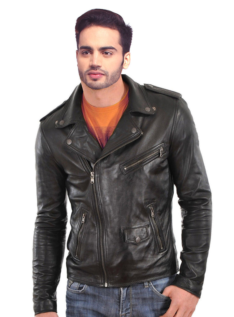 Men Washed Classic Motorcycle Biker Leather Jacket with multi Zipped Pockets 8MJ