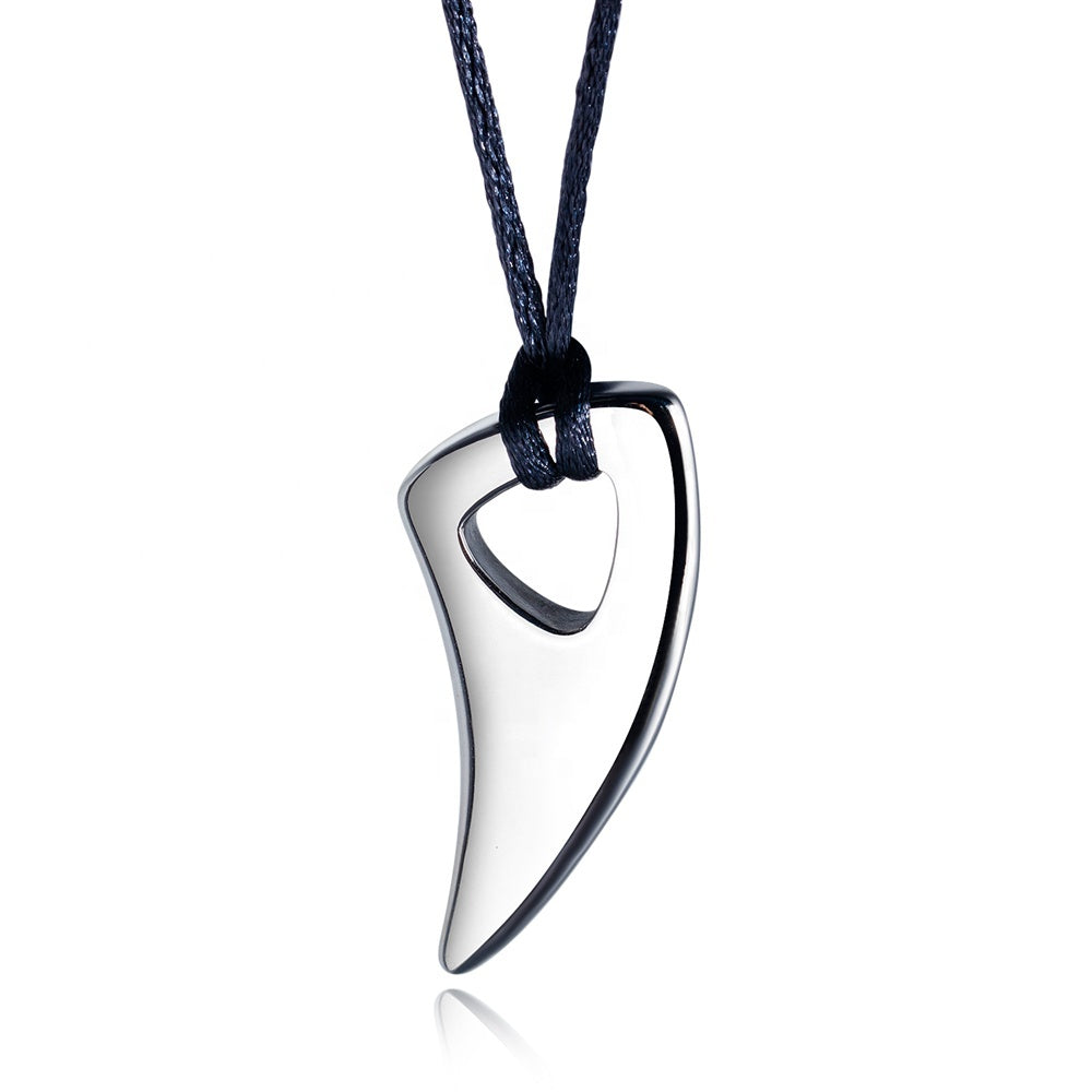 A silver stainless steel personalized pendant with a black cord.