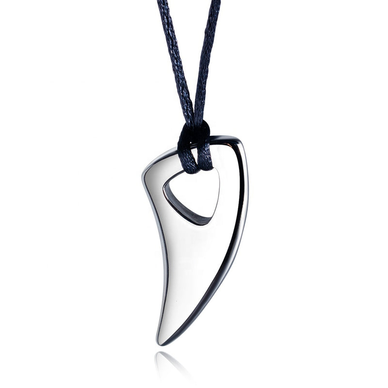 A silver stainless steel personalized pendant with a black cord.