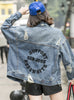 S175 New Fashion Ripped Embroidered Blue Jacket