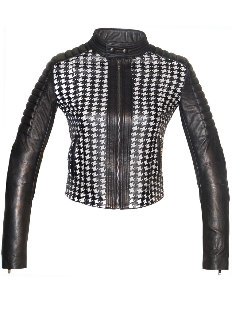 Women Leather Tweed Cut Bonded Biker Jacket , Leather Jacket - Crabrocks, LeatherfashionOnline
 - 3