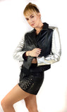 Leather Christmas Vintage Motorcycle Biker Women Jacket with Metallic Silver Padded Sleeve