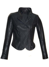 A black leather jacket with a notched lapel, long sleeves, and a zippered front. The jacket features a woven pattern on the front and back panels.