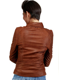 Woman Washed Vintage Effect Moto Biker fitted Leather Jacket 007 Back