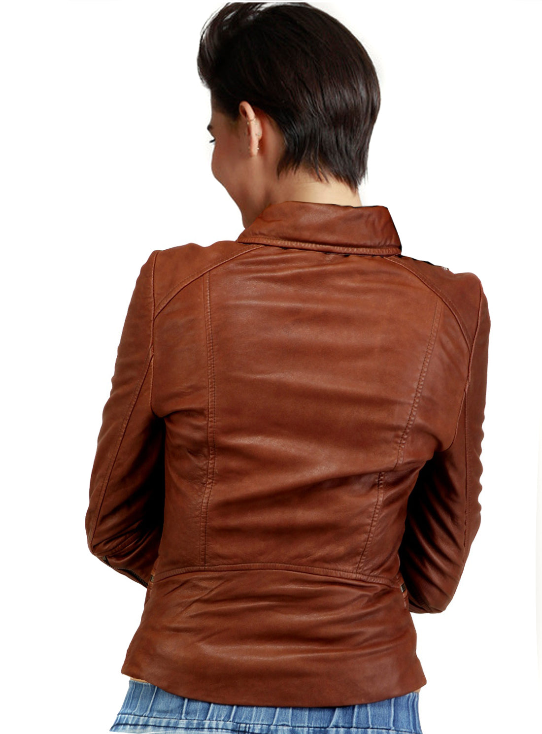 Woman Washed Vintage Effect Moto Biker fitted Leather Jacket 007 Back
