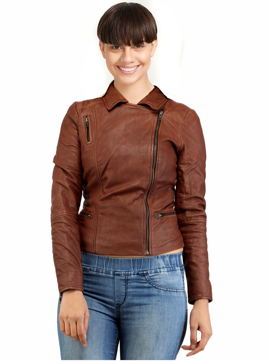 Woman Washed Vintage Effect Moto Biker Leather Jacket 007 Front Zipper closed, Fitted Jacket