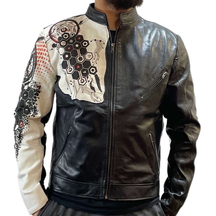 Mens Digital Print Designer Real Leather Aviator Jacket